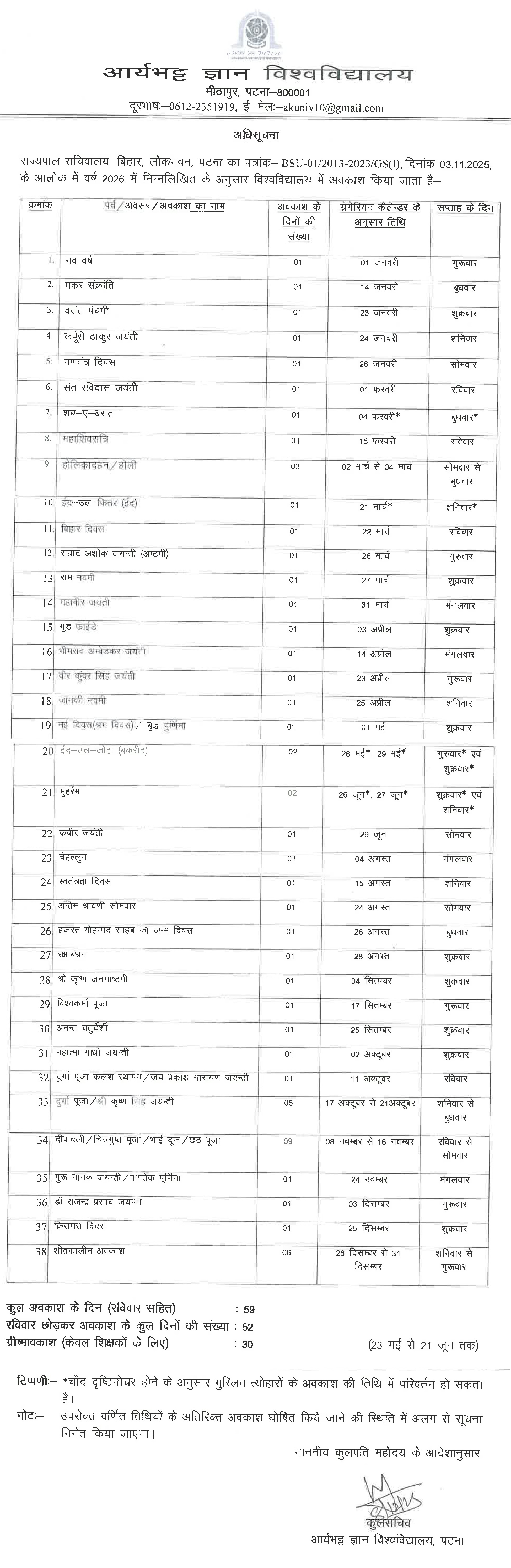 List of Holidays